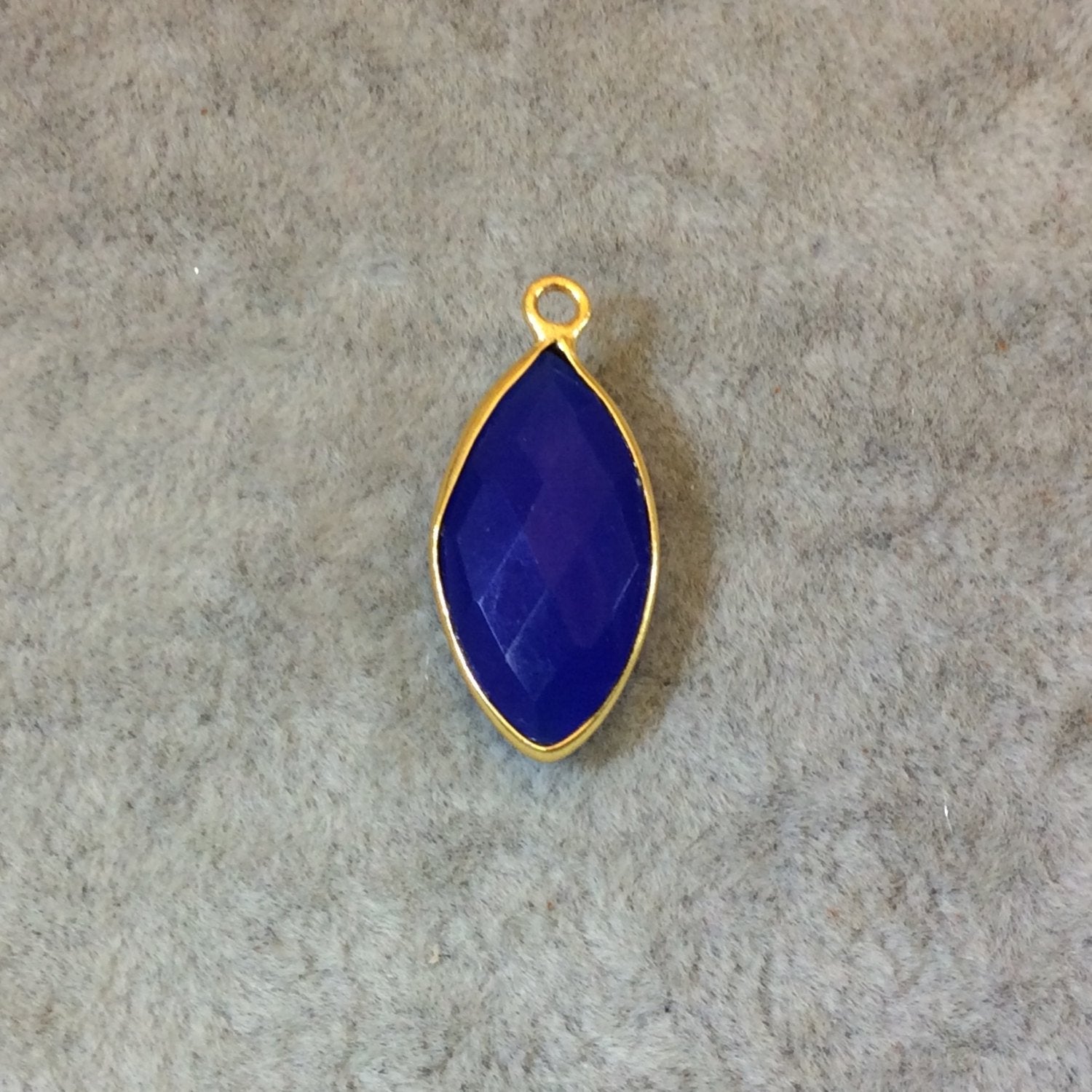 Gold Finish Faceted Cobalt Blue Chalcedony Marquise Shaped Bezel Pendant Component - Measuring 10mm x 20mm - Natural Gemstone