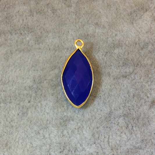 Gold Finish Faceted Cobalt Blue Chalcedony Marquise Shaped Bezel Pendant Component - Measuring 10mm x 20mm - Natural Gemstone