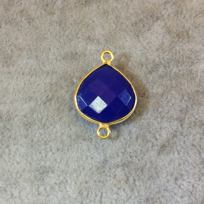 Gold Finish Faceted Cobalt Blue Heart/Teardrop Shaped Bezel Two Ring Connector Component - Measuring 15mm x 15mm - Natural Gemstone