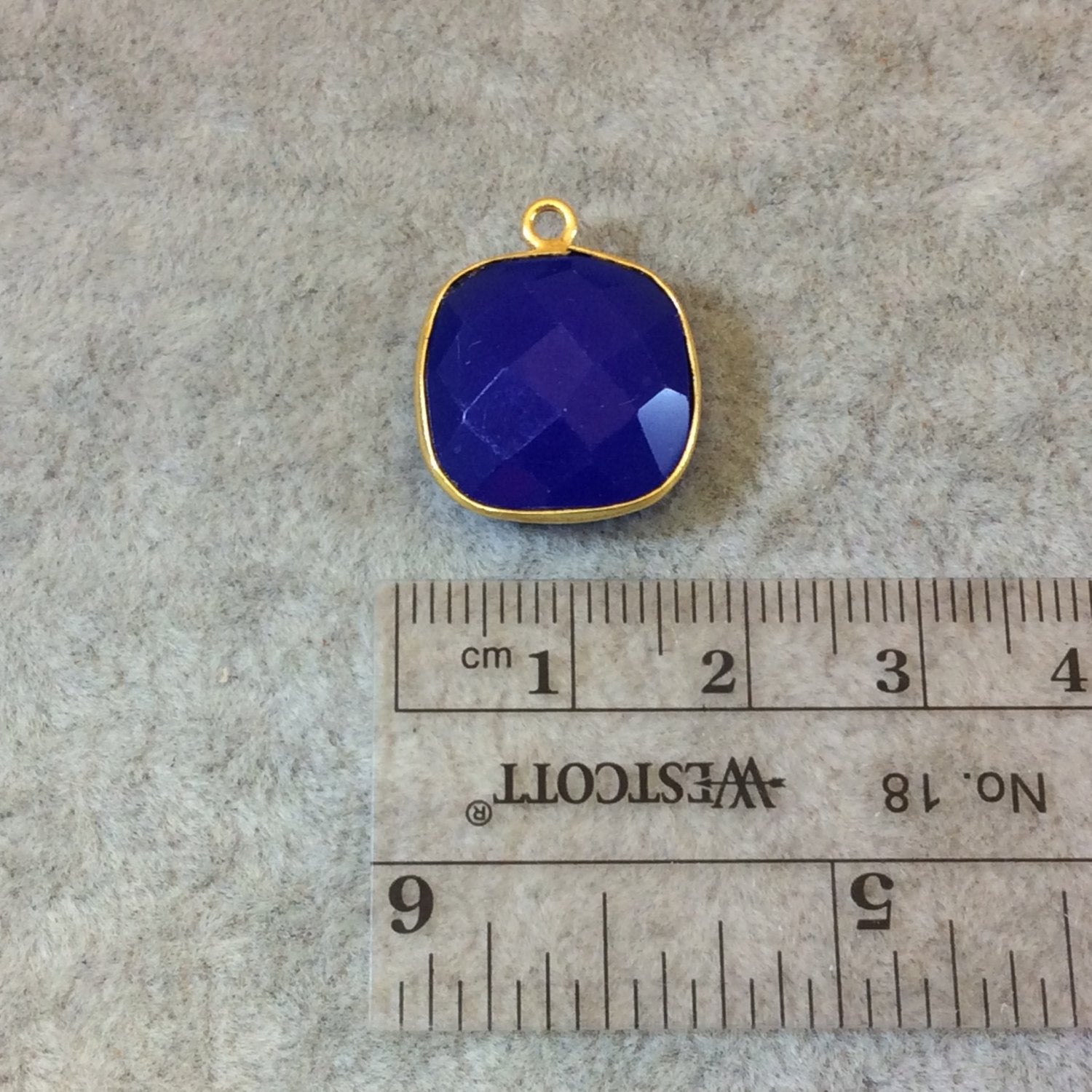 Gold Finish Faceted Cobalt Blue Chalcedony Square Shaped Bezel Pendant Component - Measuring 15mm x 15mm - Natural Gemstone