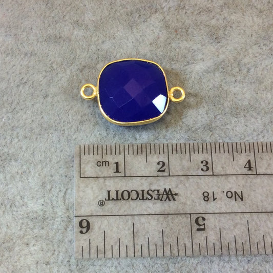 Gold Finish Faceted Cobalt Blue Square Shaped Bezel Two Ring Connector Component - Measuring 15mm x 15mm - Natural Gemstone