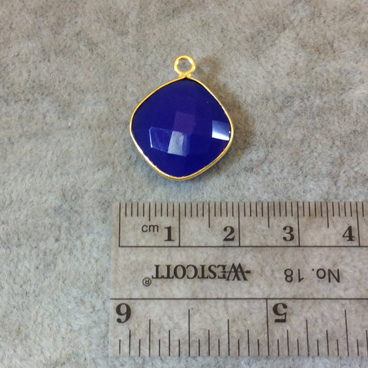 Gold Finish Faceted Cobalt Blue Chalcedony Diamond Shaped Bezel Pendant Component - Measuring 15mm x 15mm - Natural Gemstone