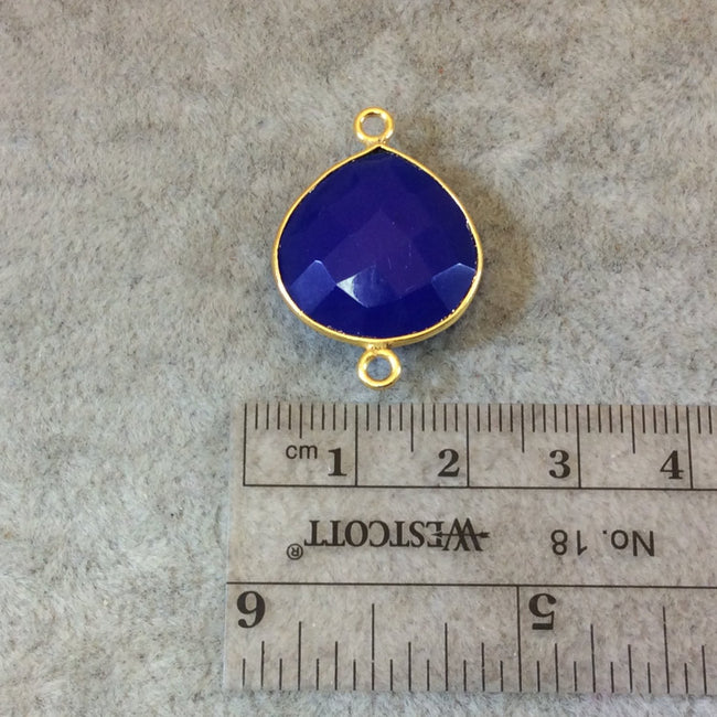 Gold Finish Faceted Cobalt Blue Heart/Teardrop Shaped Bezel Two Ring Connector Component - Measuring 18mm x 18mm - Natural Gemstone