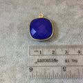 Gold Finish Faceted Cobalt Blue Chalcedony Square Shaped Bezel Pendant Component - Measuring 18mm x 18mm - Natural Gemstone
