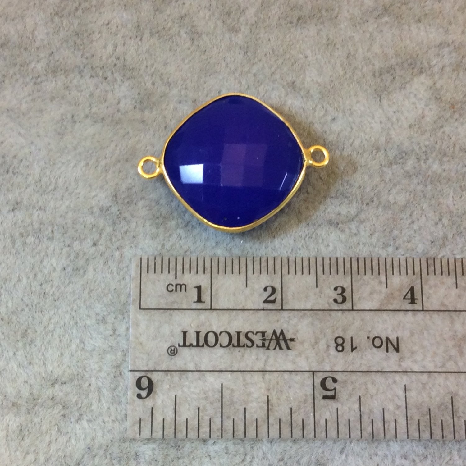 Gold Finish Faceted Cobalt Blue Diamond Shaped Bezel Two Ring Connector Component - Measuring 18mm x 18mm - Natural Gemstone