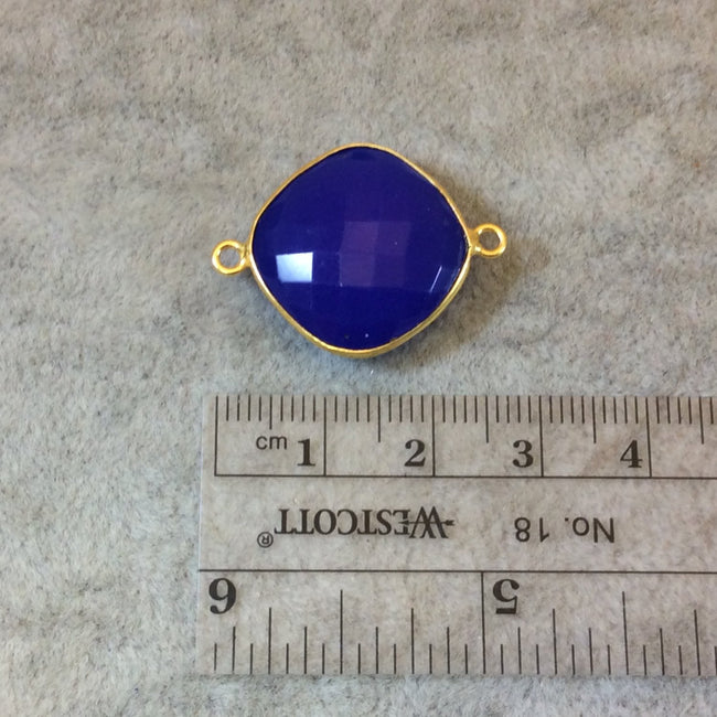 Gold Finish Faceted Cobalt Blue Diamond Shaped Bezel Two Ring Connector Component - Measuring 18mm x 18mm - Natural Gemstone