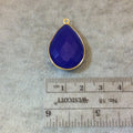 Gold Finish Faceted Cobalt Blue Chalcedony Pear/Teardrop Shaped Bezel Pendant Component - Measuring 18mm x 24mm - Natural Gemstone