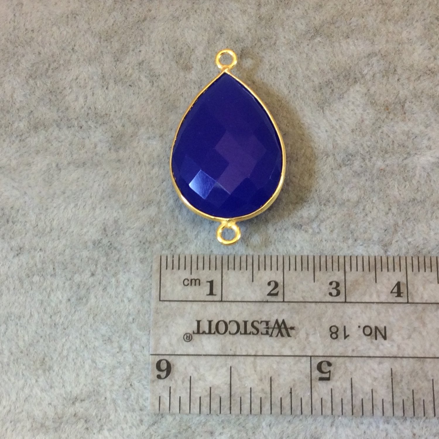 Gold Finish Faceted Cobalt Blue Pear/Teardrop Shaped Bezel Two Ring Connector Component - Measuring 18mm x 24mm - Natural Gemstone