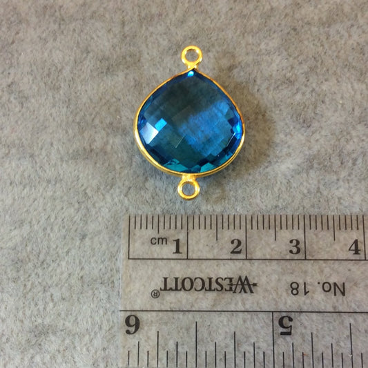 Gold Finish Faceted Pear/Tear Shaped Azure Blue Quartz Bezel Two Ring Connector Component - Measuring 18mm x 18mm - Natural Gemstone