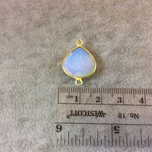 Gold Finish Faceted Milky Opalite Heart/Teardrop Shaped Bezel Two Ring Connector Component - Measuring 15mm x 15mm - Natural Gemstone