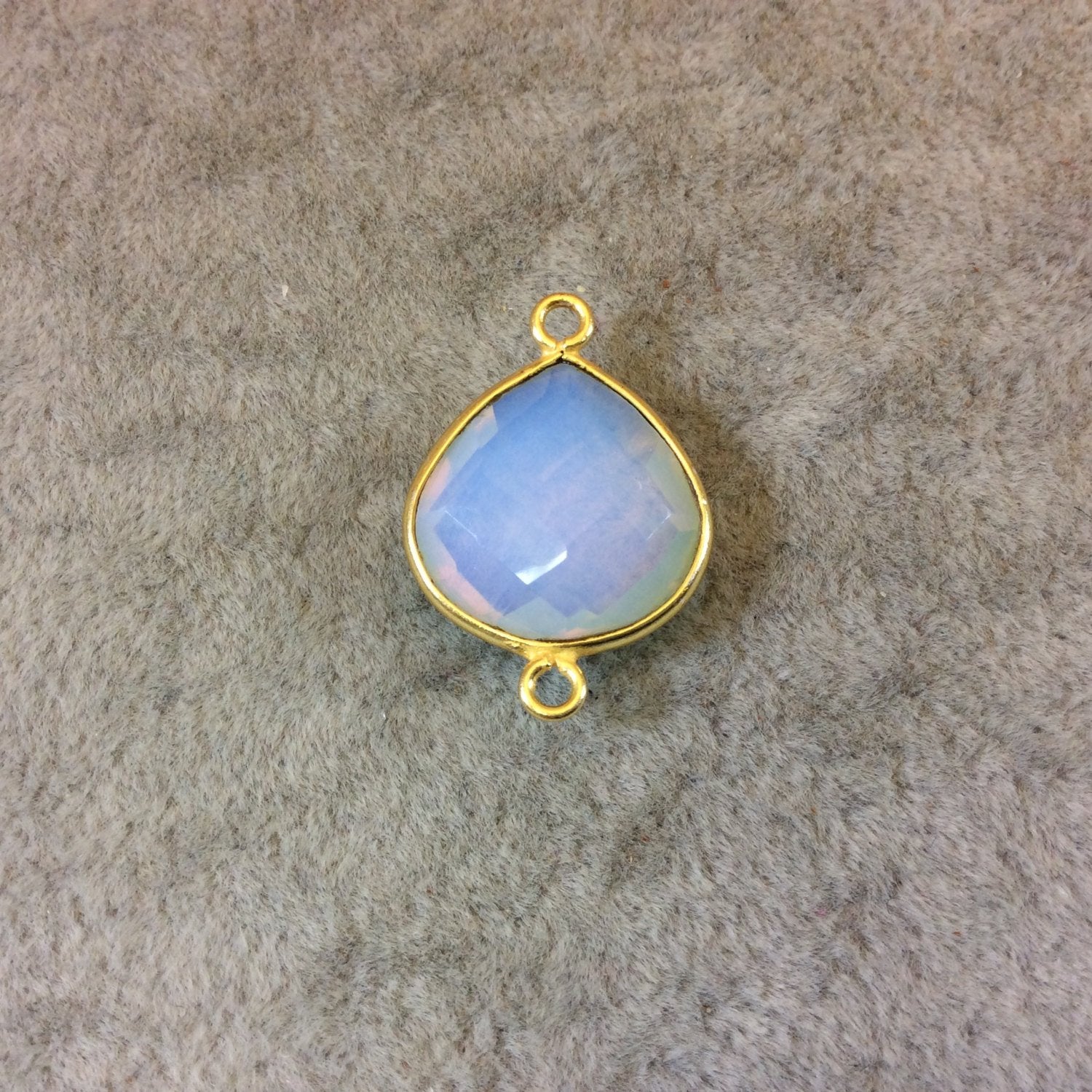 Gold Finish Faceted Milky Opalite Heart/Teardrop Shaped Bezel Two Ring Connector Component - Measuring 15mm x 15mm - Natural Gemstone