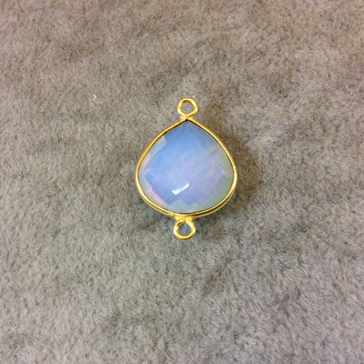 Gold Finish Faceted Milky Opalite Heart/Teardrop Shaped Bezel Two Ring Connector Component - Measuring 15mm x 15mm - Natural Gemstone