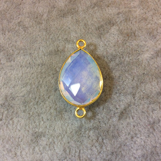 Gold Finish Faceted Milky Opalite Pear/Teardrop Shaped Bezel Two Ring Connector Component - Measuring 15mm x 20mm - Natural Gemstone