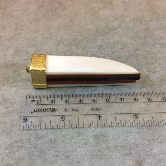 SALE - 3" White/Red/Black Layered Tusk/Claw Shaped Natural Bone/Horn/Wood Pendant with Gold Cap - Measuring 20mm x 80mm - (TR3WRBTLCB)
