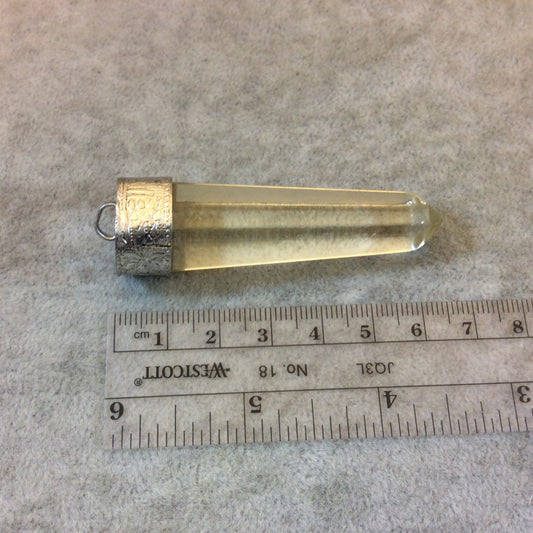 SALE - 2.5" Long Faux Crystal Point Shaped Clear Acrylic Pendant with Silver Floral Cap - Measuring 20mm x 63mm, Approximately
