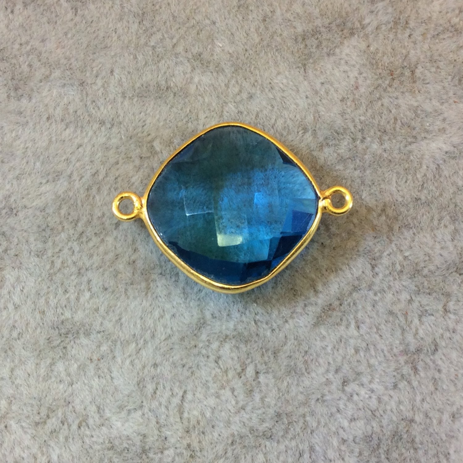 Gold Finish Faceted Diamond Shaped Azure Blue Quartz Bezel Two Ring Connector Component - Measuring 18mm x 18mm - Natural Gemstone