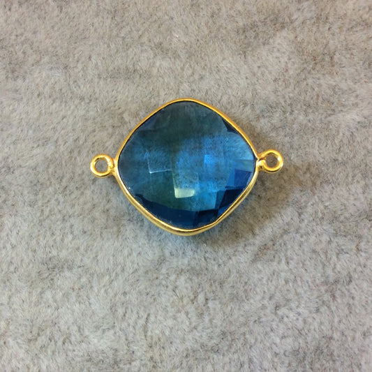 Gold Finish Faceted Diamond Shaped Azure Blue Quartz Bezel Two Ring Connector Component - Measuring 18mm x 18mm - Natural Gemstone