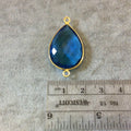 Gold Finish Faceted Pear/Teardrop Shaped Azure Blue Quartz Bezel Two Ring Connector Component - Measuring 18mm x 24mm - Natural Gemstone