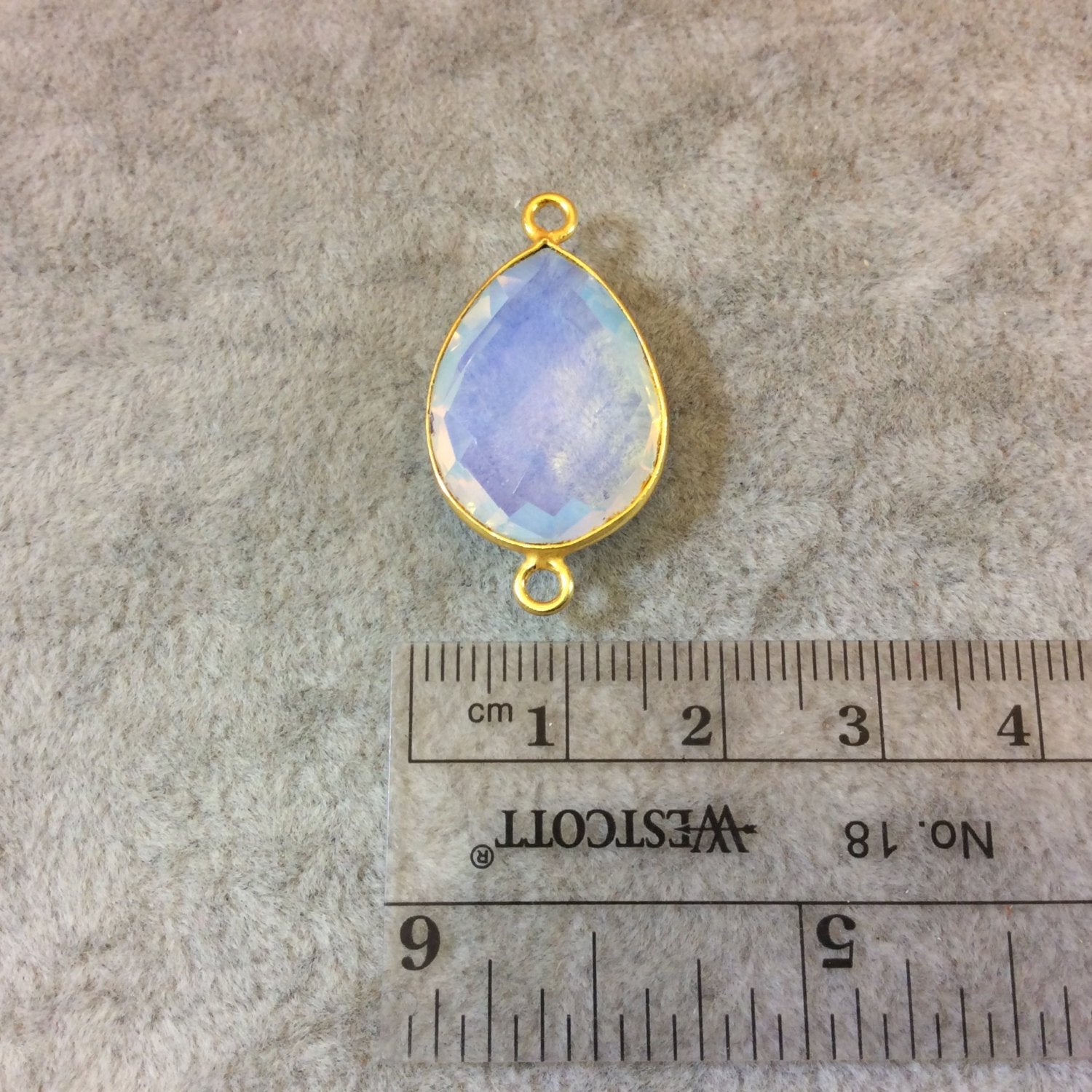 Gold Finish Faceted Milky Opalite Pear/Teardrop Shaped Bezel Two Ring Connector Component - Measuring 15mm x 20mm - Natural Gemstone