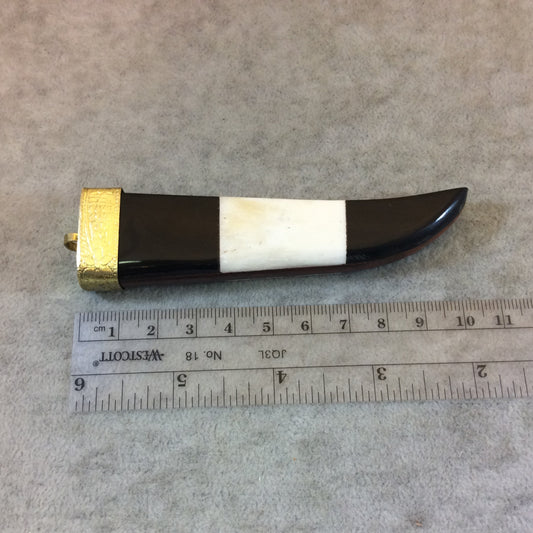 4" Black/White Colorblocked Tusk/Claw Shaped Natural Ox Bone/Horn Pendant with Floral Gold Cap - Measuring 25mm x 100mm - (TR060-CB)