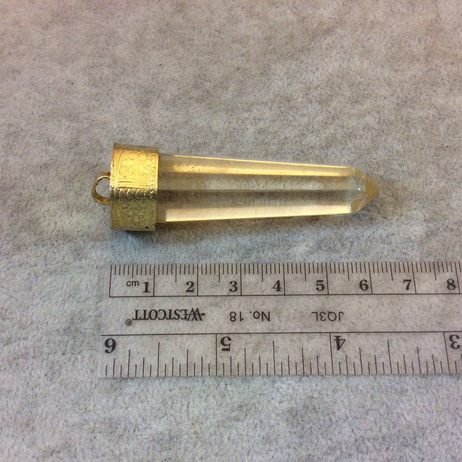 SALE - 2.5" Long Faux Crystal Point Shaped Clear Acrylic Pendant with Gold Floral Cap - Measuring 20mm x 63mm, Approximately