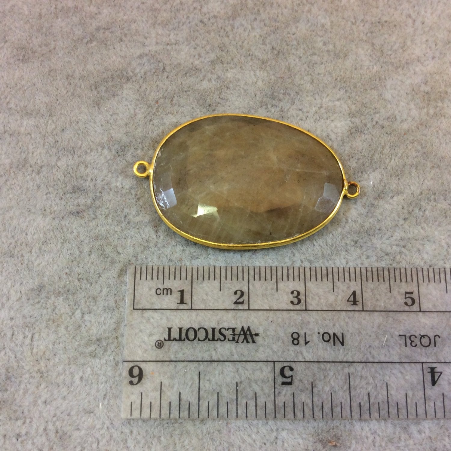 Gold Finish Faceted Deep Natural Tan Mystery Stone Freeform Oval Shaped Bezel Connector Component - Measuring 26mm x 36mm - Natural Gemstone