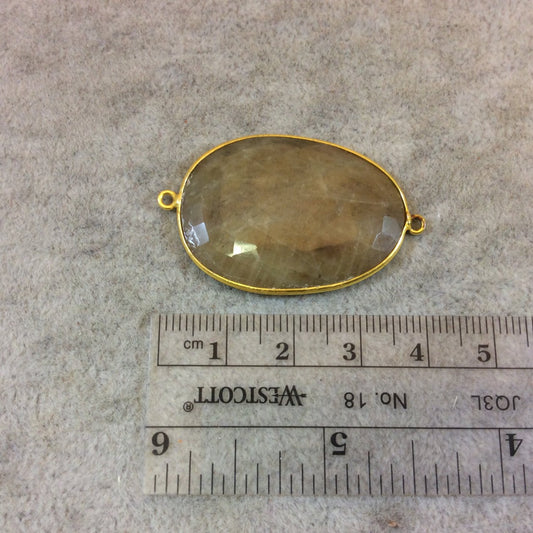 Gold Finish Faceted Deep Natural Tan Mystery Stone Freeform Oval Shaped Bezel Connector Component - Measuring 26mm x 36mm - Natural Gemstone