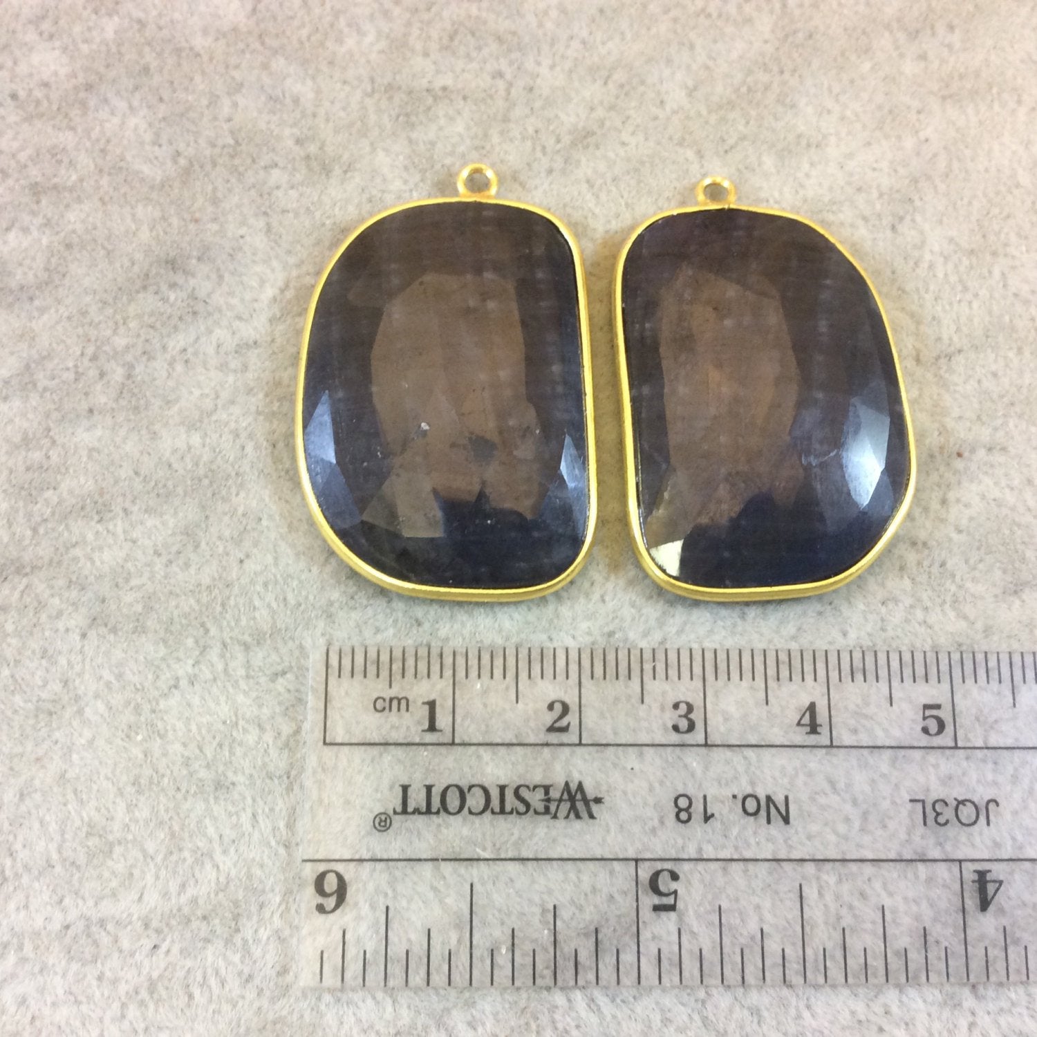 One Pair of OOAK Gold Finish Faceted Sapphire Freeform Shaped Bezel Pendants "SP3"- Measuring 23mm x 32mm - Natural Semi-precious Gemstone
