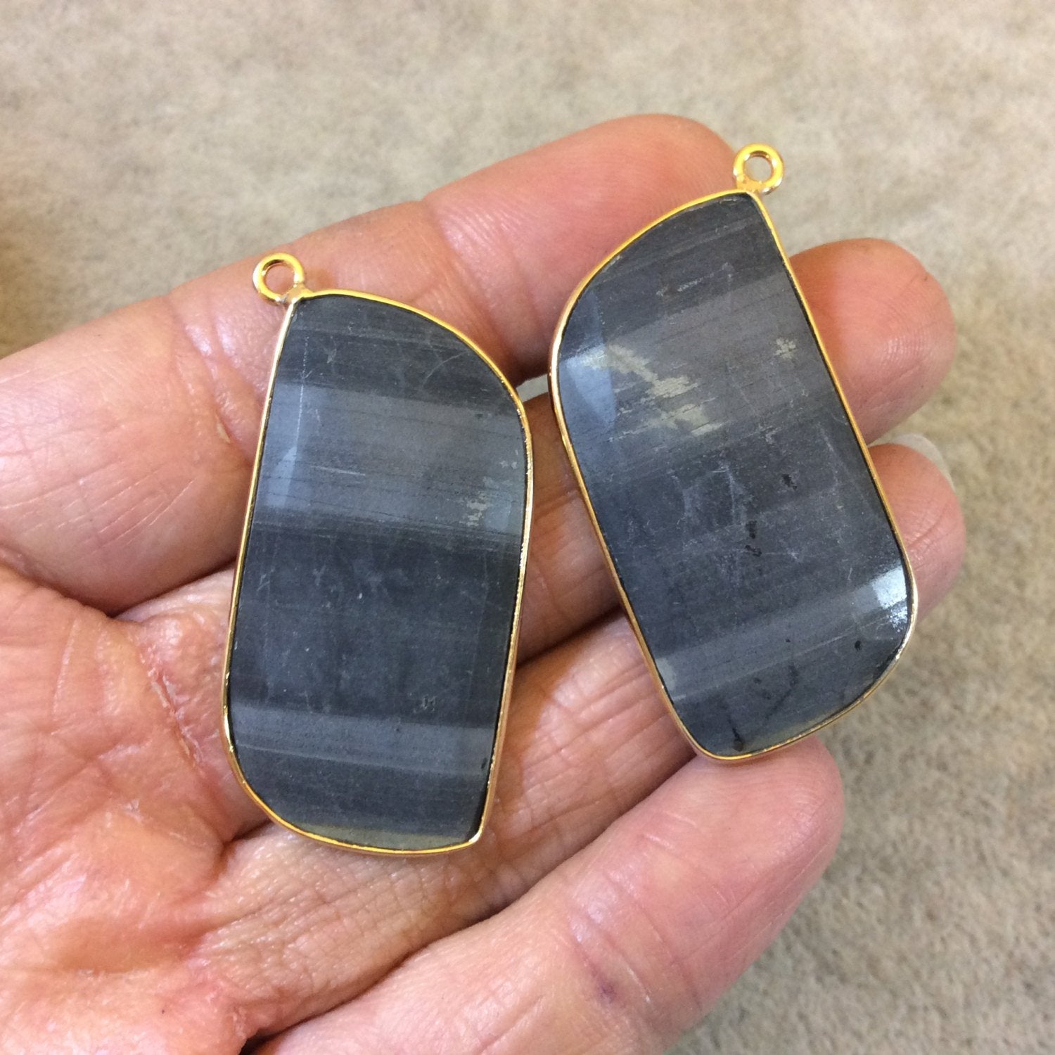 One Pair of OOAK Gold Finish Faceted Natural Gray Striped Stone Rectangle Shaped Bezel Pendants "MP1"- Measuring 20mm x 42mm -  Gemstone