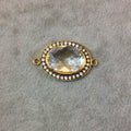 Gold Finish Faceted CZ Rimmed Clear Quartz Oval Shaped Bezel Connector Component - Measures 20mm x 25mm - Sold Individually