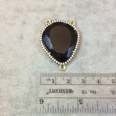 Gold Finish Faceted CZ Cubic Zirconia Rimmed Black Onyx Freeform Shaped Bezel Pendant Component - Measures 28mm x 33mm