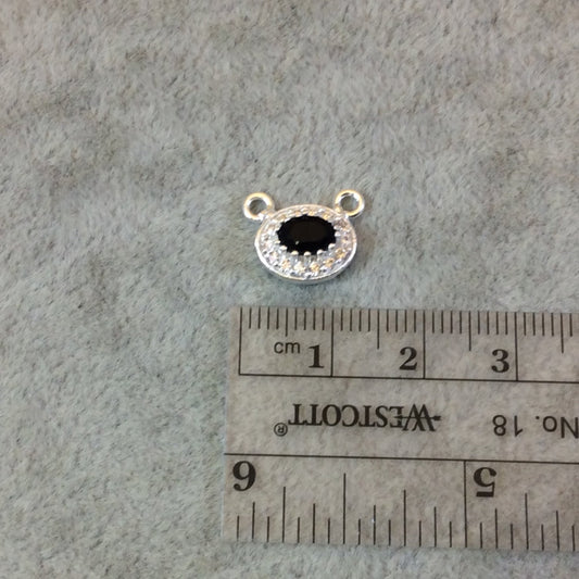 Silver Finish Faceted CZ Rimmed Black Onyx Oval Shaped Bezel Pendant Component - Measures 11mm x 9mm - Sold Individually