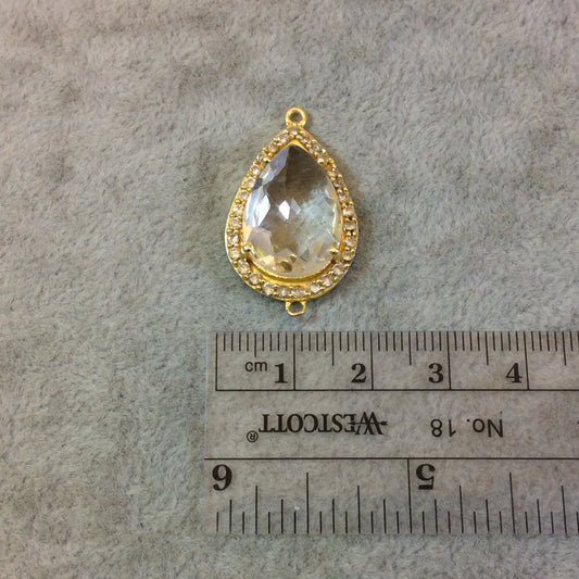 Gold Finish Faceted CZ Rimmed Clear Quartz Teardrop/Pear Shaped Bezel Pendant/Connector Component - Measures 18mm x 24mm