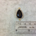 Gold Finish Faceted CZ Rimmed Black Onyx Teardrop Shaped Bezel Connector Component - Measures 14mm x 23mm - Sold Individually