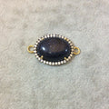Gold Finish Faceted CZ Rimmed Smooth Blue Goldstone Oval Shaped Bezel Connector Component - Measures 19mm x 22mm - Sold Individually