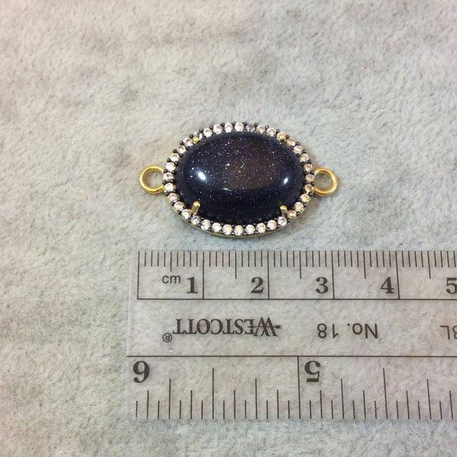 Gold Finish Faceted CZ Rimmed Smooth Blue Goldstone Oval Shaped Bezel Connector Component - Measures 19mm x 22mm - Sold Individually