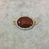 Gold Finish Smooth CZ Rimmed Natural Red/Orange Carnelian Oval Shaped Bezel Connector Component - Measures 19mm x 24mm