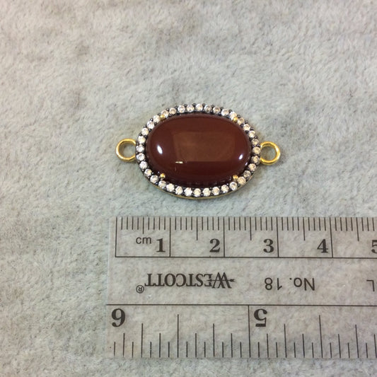 Gold Finish Smooth CZ Rimmed Natural Red/Orange Carnelian Oval Shaped Bezel Connector Component - Measures 19mm x 24mm