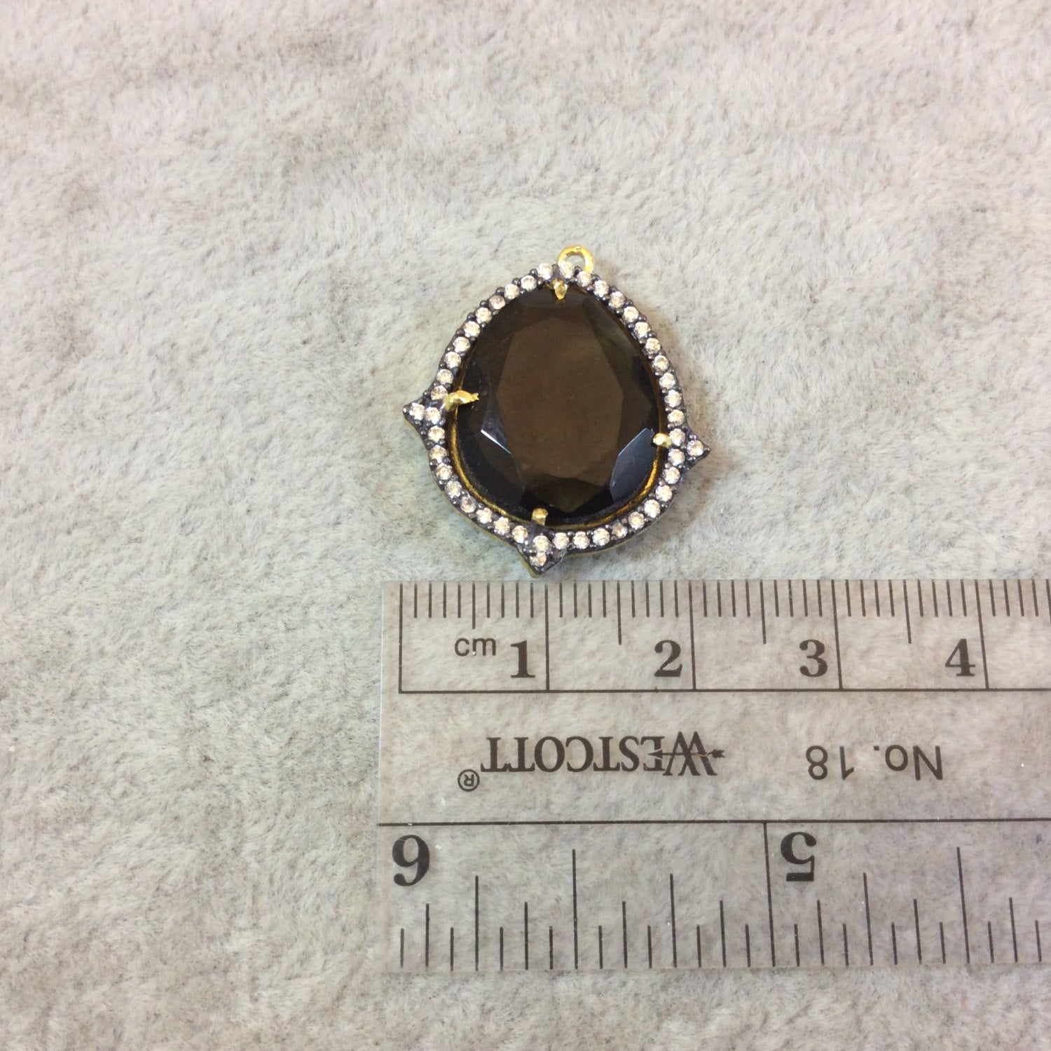 Gold Finish Faceted CZ Rimmed Transparent Smoky Brown Quartz Freeform/Teardrop Bezel Pendant - Measures 18mm x 21mm - Sold Individually