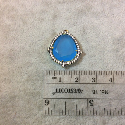 Gold Finish Faceted CZ Rimmed Azure Blue Chalcedony Freeform Teardrop Bezel Pendant Component - Measures 18 x 21mm - Sold Individually