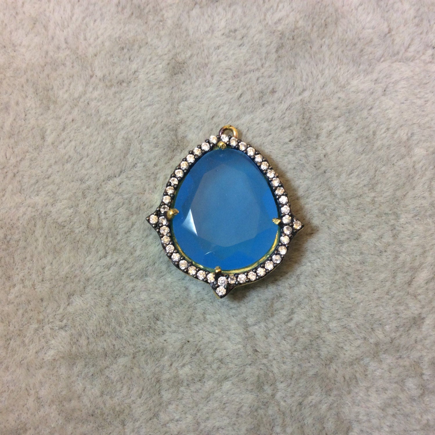 Gold Finish Faceted CZ Rimmed Azure Blue Chalcedony Freeform Teardrop Bezel Pendant Component - Measures 18 x 21mm - Sold Individually