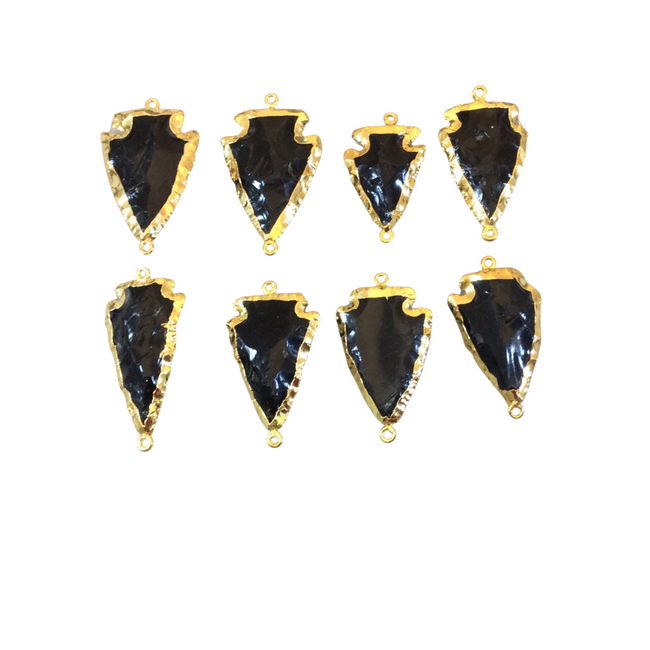 1-1.5" Gold Finish Arrowhead Shaped Electroplated Black Obsidian Connector - Measuring 30mm-40mm Long - Sold Individually, Randomly Chosen
