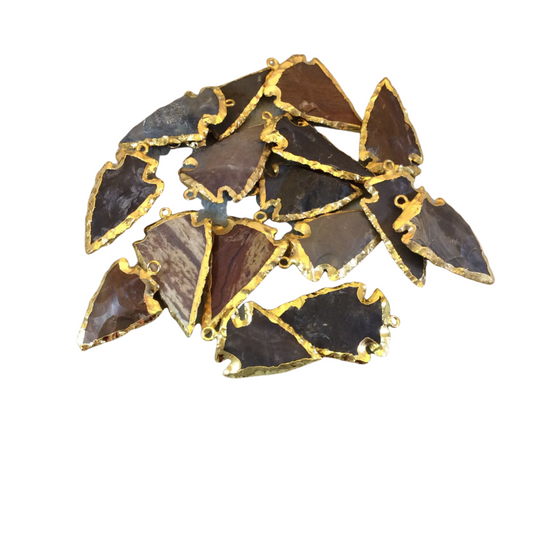 1-1.5" Gold Finish Arrowhead Shaped Electroplated Mixed Jasper Pendant - Measuring 30mm-40mm Long - Sold Individually, Randomly Chosen
