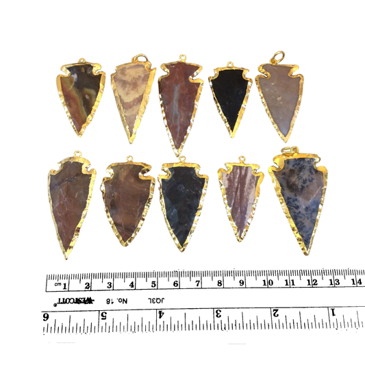 1.5-2" Gold Finish Arrowhead Shaped Electroplated Mixed Jasper Pendant - Measuring 40mm-50mm Long - Sold Individually, Randomly Chosen