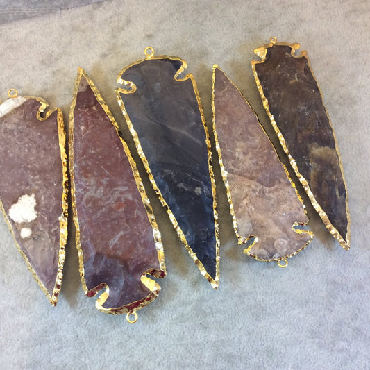 4-5" Gold Finish Arrowhead Shaped Electroplated Mixed Jasper Pendant - Measuring 100mm-125mm Long - Sold Individually, Randomly Chosen