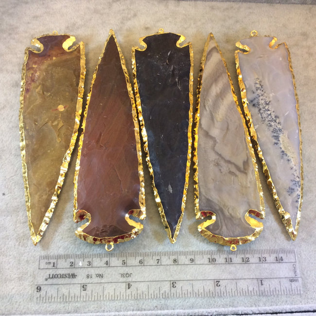 5-6" Gold Finish Arrowhead Shaped Electroplated Mixed Jasper Pendant - Measuring 125mm-150mm Long - Sold Individually, Randomly Chosen