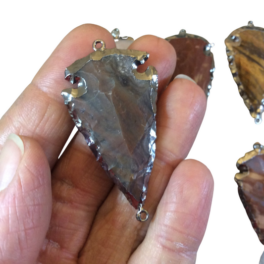 1.5-2" Gunmetal Finish Arrowhead Shaped Electroplated Mixed Jasper Connector - Measuring 40mm-50mm Long - Sold Individually, Randomly Chosen