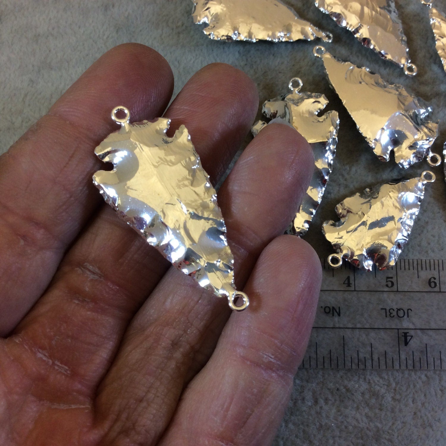 1-1.5" Silver Plated Arrowhead Shaped Electroplated Black Obsidian Connector - Measuring 30mm-40mm Long - Sold Individually, Randomly Chosen