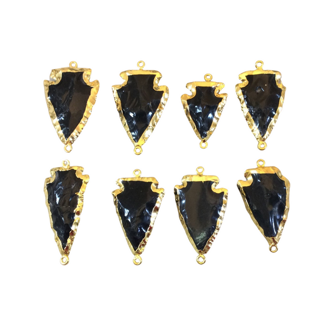 1-1.5" Gold Finish Arrowhead Shaped Electroplated Black Obsidian Connector - Measuring 30mm-40mm Long - Sold Individually, Randomly Chosen