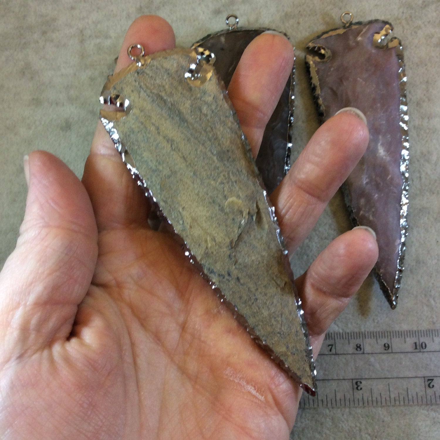 4-5" Gunmetal Finish Arrowhead Shaped Electroplated Mixed Jasper Pendant - Measuring 100mm-125mm Long - Sold Individually, Randomly Chosen